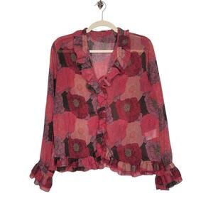 Vintage Claudia Ev Jellyfish Ruffles Button Shirt 10 Floral Flowers Art All Over